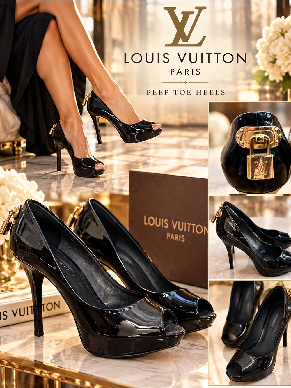 Louis Vuitton Black Patent Leather Peep-Toe Heels with Gold Accent